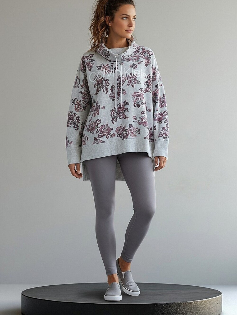 Calvin Klein Light Gray Floral Cowl Neck Sweatshirt with Dusty Rose Print Size L
